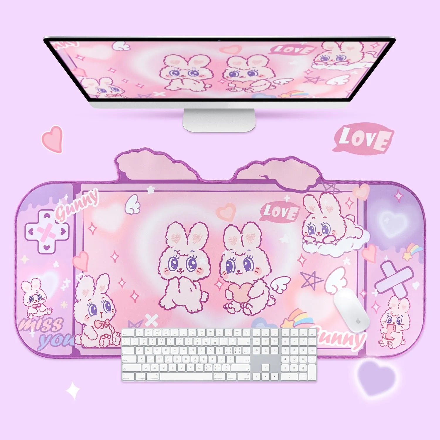 Fluffy rabbit oversized mouse pad 73x40cm on desk with natural rubber base and thermal transfer print