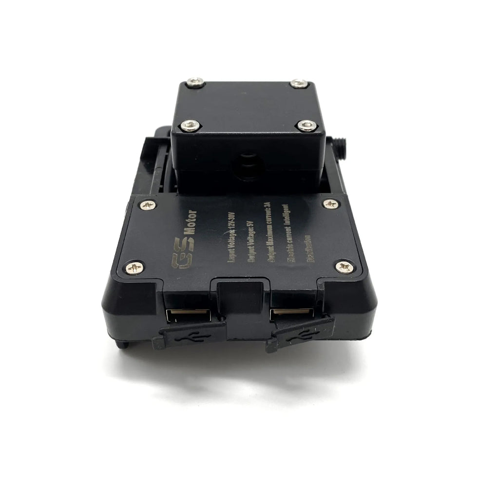 Black ABS plastic phone mounting bracket for BMW R1200GS and R1250GS motorcycles.