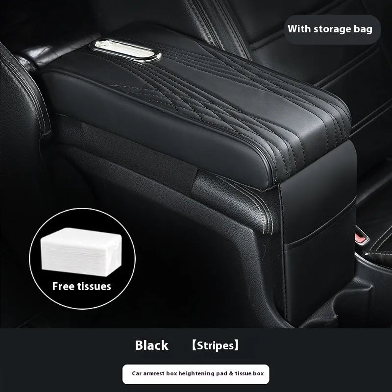 Black leather car armrest cover with angel pattern tissue pocket placed on a vehicle center console