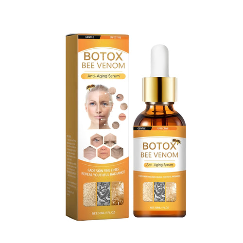 30ml bottle of clear anti-ageing face serum with hyaluronic acid and bee venom formula
