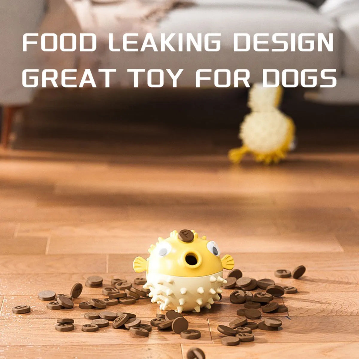 Yellow fish-shaped dog chew toy with textured surface and squeaker for aggressive chewers