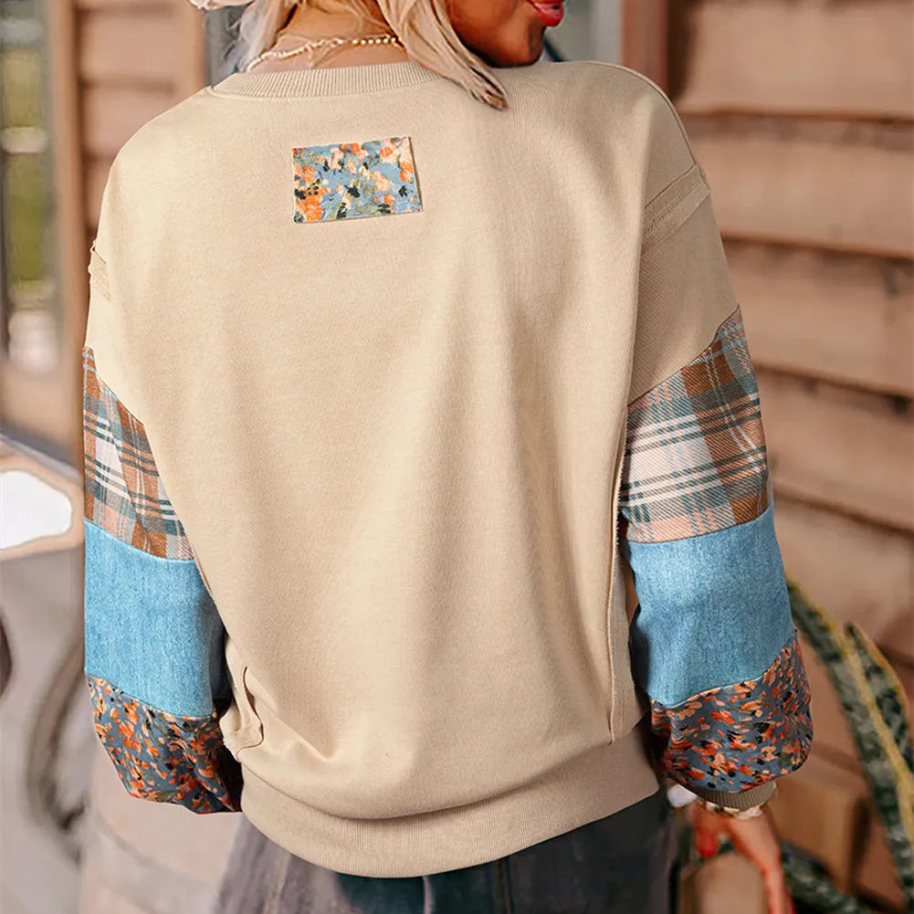 Women's plaid patterned long-sleeved casual top in apricot colour with striped design elements