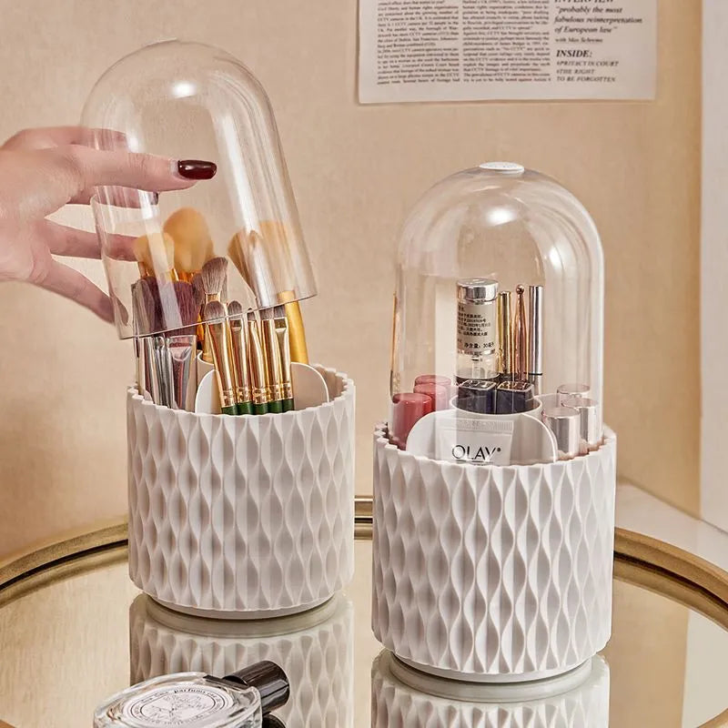 White acrylic makeup brush holder with transparent cover and rotating base for desktop storage
