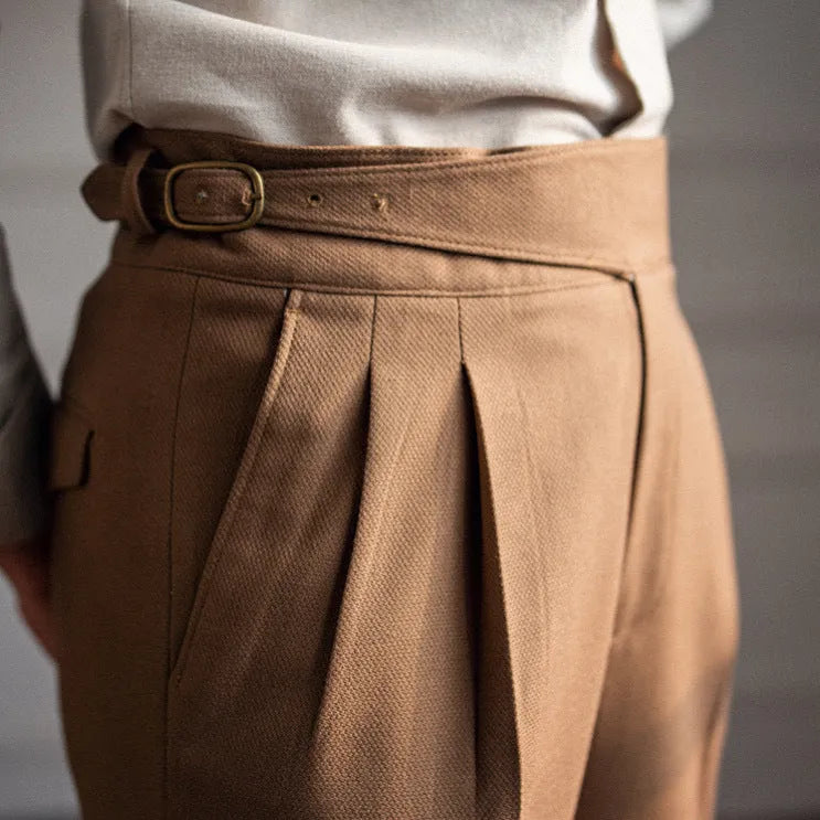 Men's high waist straight leg casual trousers in polyester fabric shown in black colour