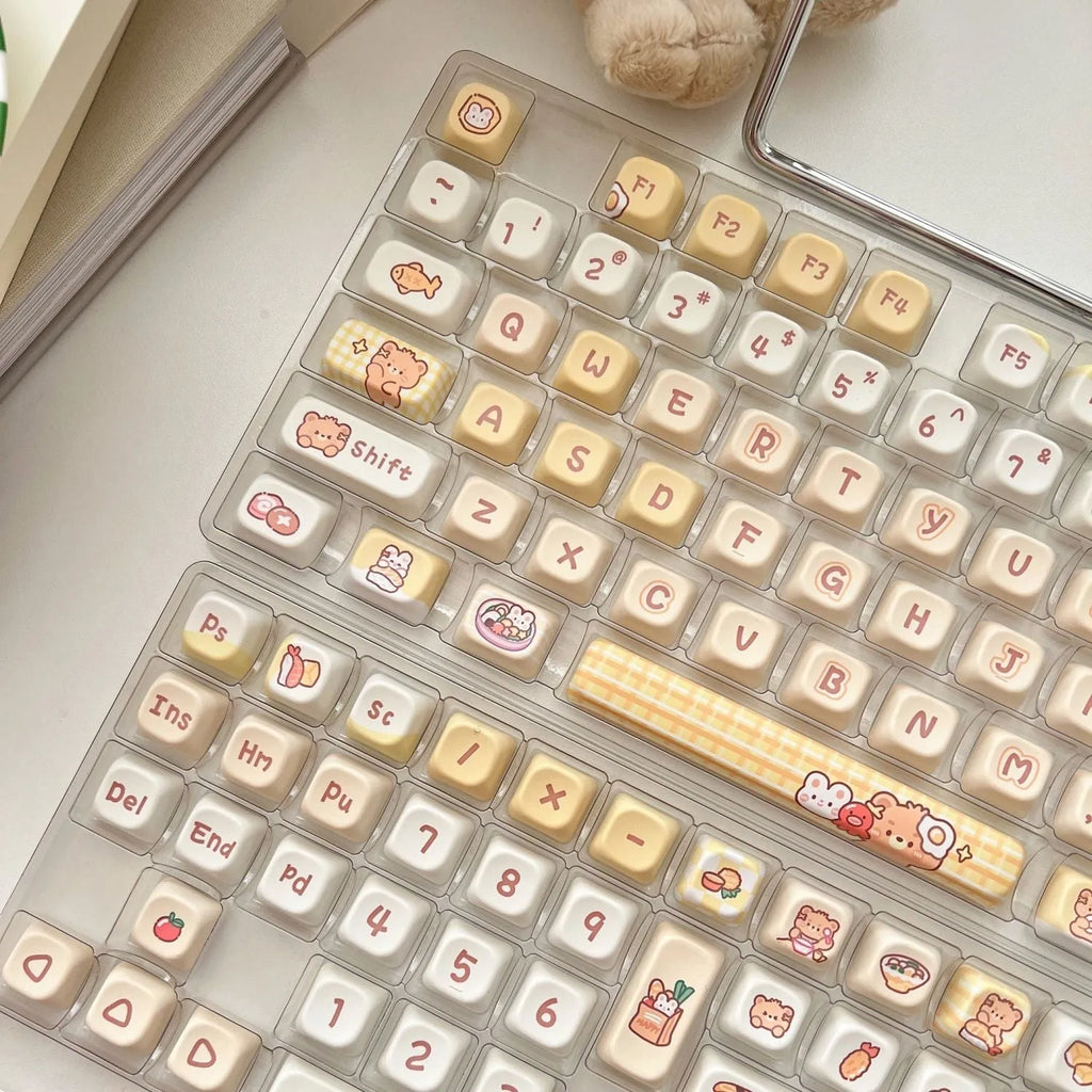 Rabbit Bear Restaurant themed PBT keycap set in EOA profile, 140 pieces with colourful sublimated artwork.