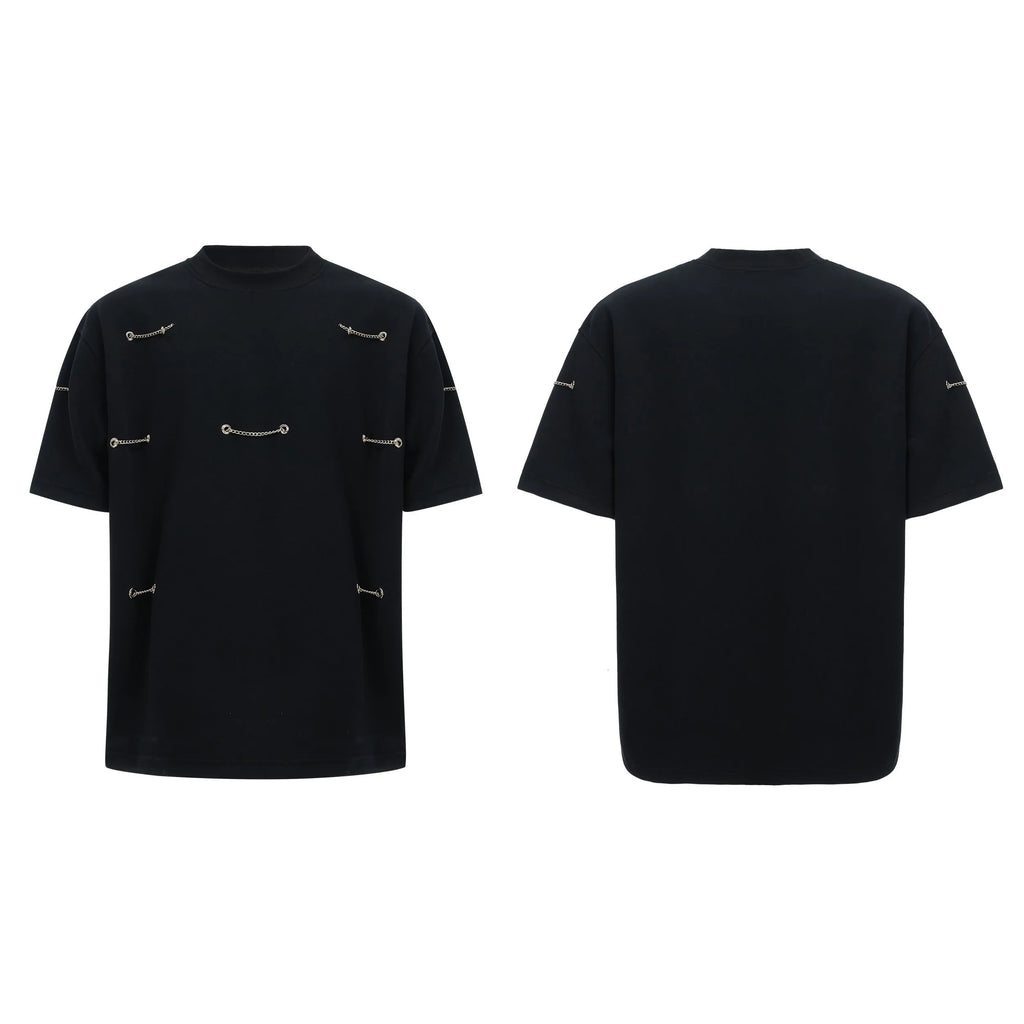 Black heavy cotton t-shirt with metal chain padded shoulder detail, round neck, short sleeves