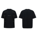 Black heavy cotton t-shirt with metal chain padded shoulder detail, round neck, short sleeves