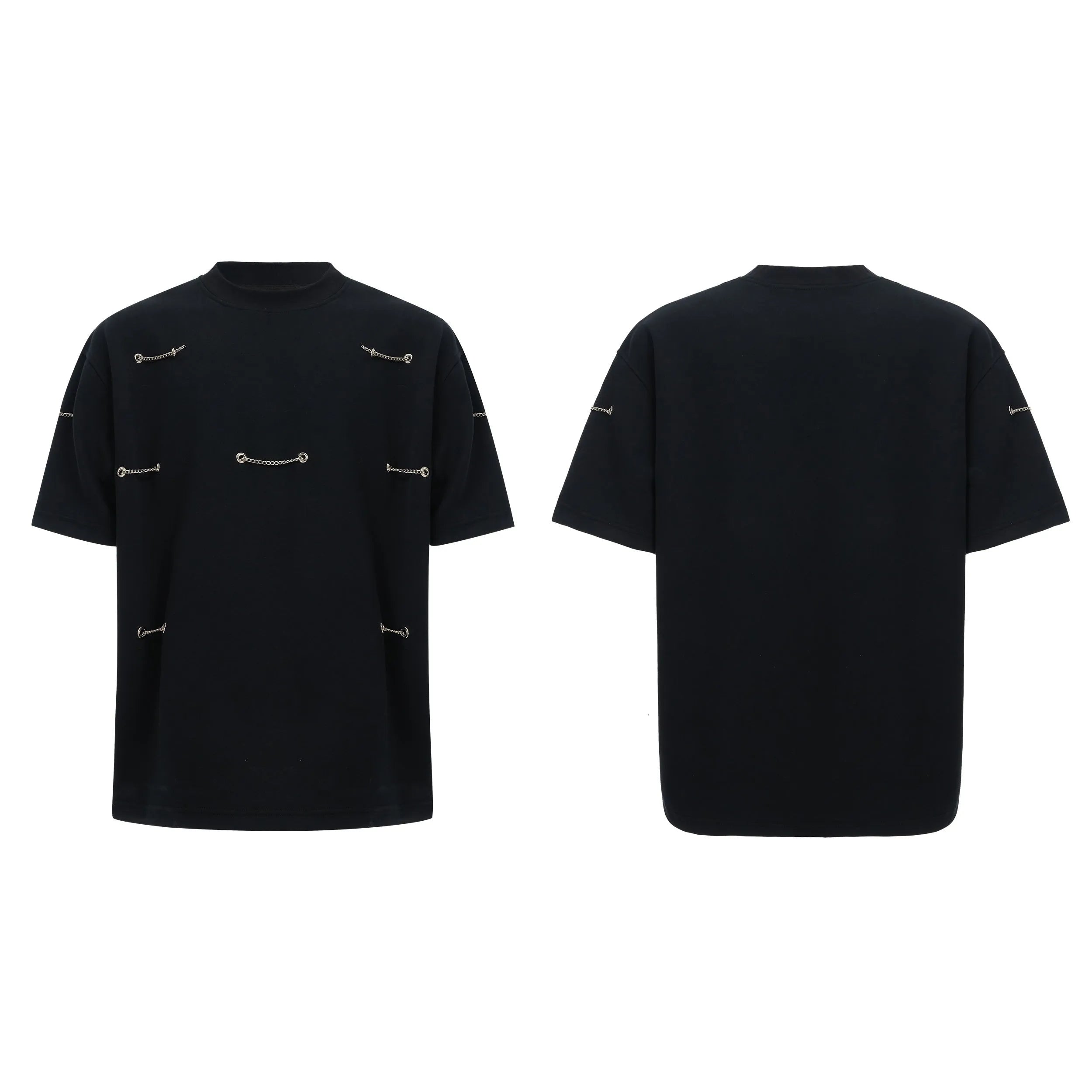 Black heavy cotton t-shirt with metal chain padded shoulder detail, round neck, short sleeves