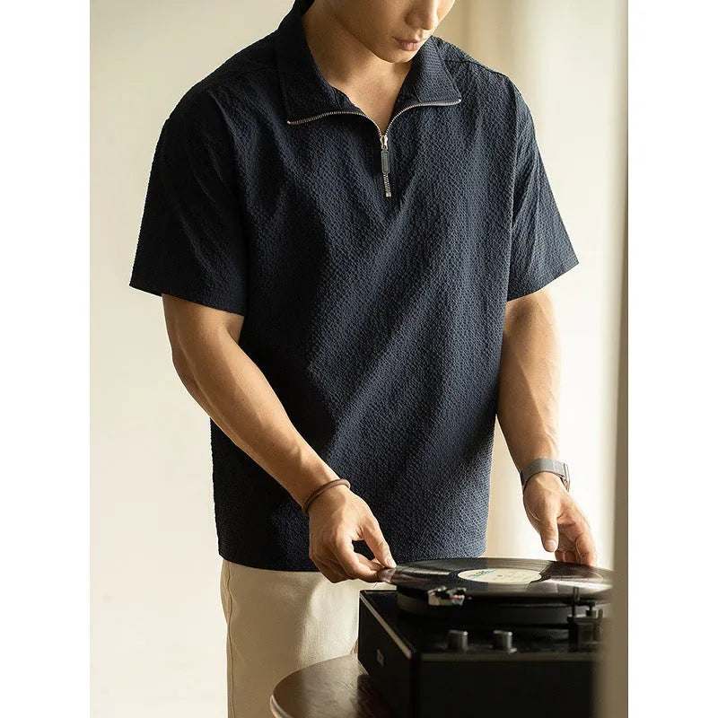 Men's cedar green loose-fit short sleeve polo shirt made from quick-drying ice silk fabric.