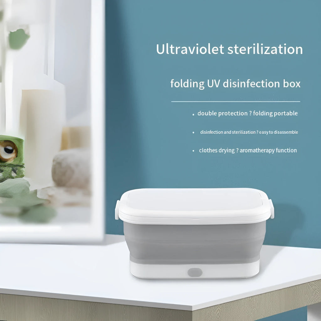 Foldable UV disinfection box with aromatherapy and drying function on a table