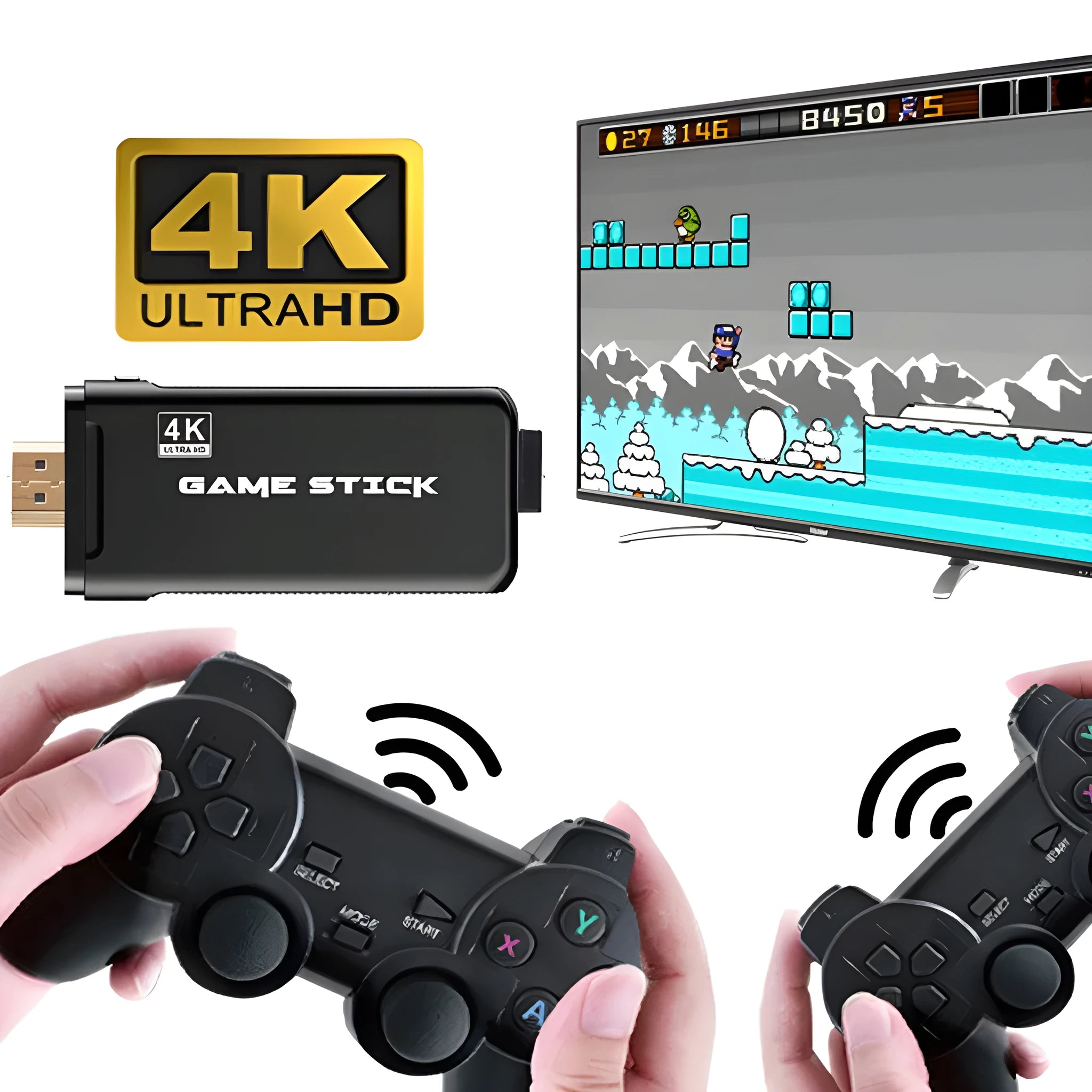 Wireless handle game console with HDMI output, two controllers, and compact plastic casing