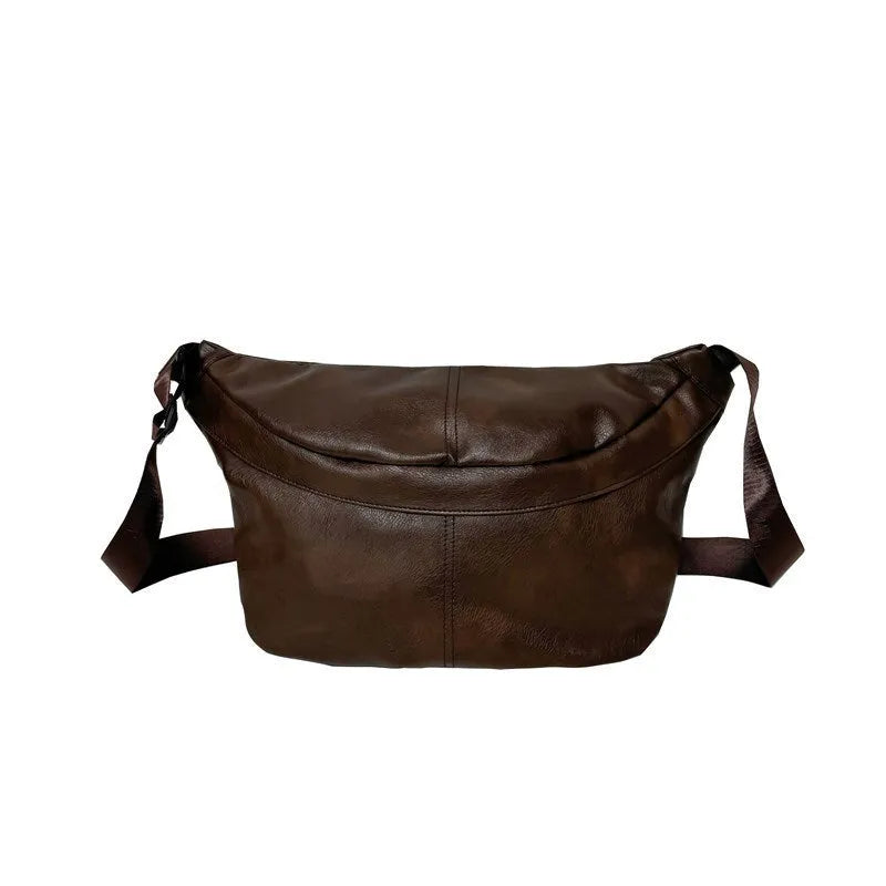 Men's brown retro crossbody bag showing 50cm width and PU leather construction