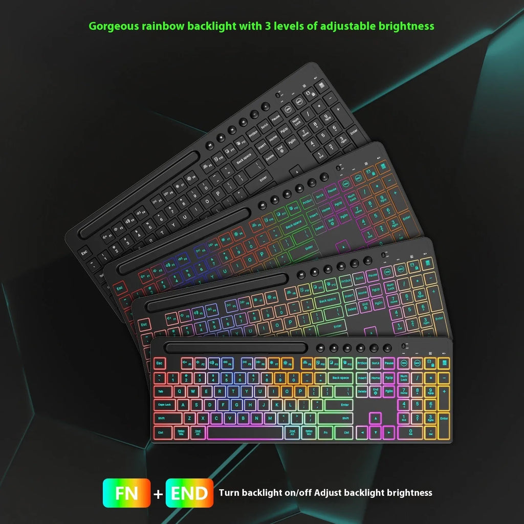 Black wireless keyboard and mouse set with card slot and luminous design elements