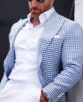 Men's black slim fit two-button suit jacket with large top-stitch pockets
