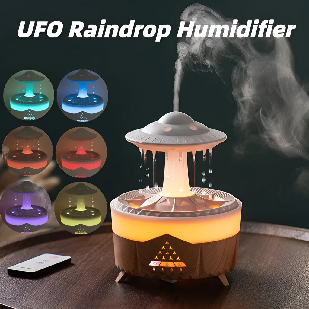White cloud-shaped UFO raindrop humidifier with water mist and coloured lights
