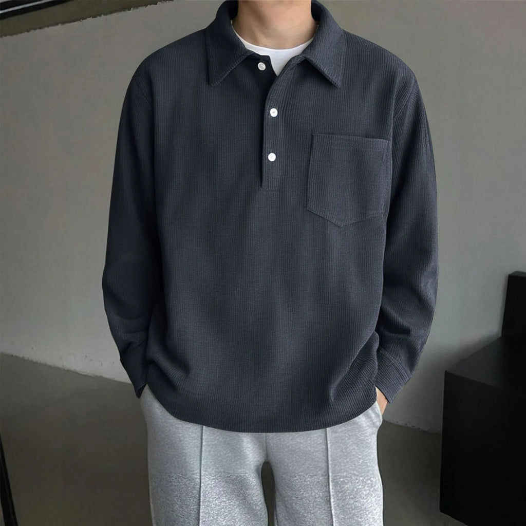 American retro casual bottoming shirt in black, loose fit polyester pullover, front view