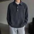 American retro casual bottoming shirt in black, loose fit polyester pullover, front view
