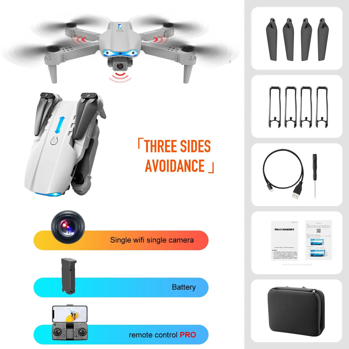 Black 4K dual camera drone with three-sided obstacle avoidance and foldable design