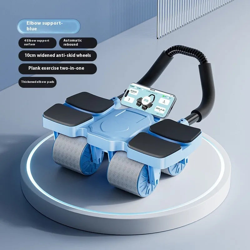Abdominal exercise wheel with four wheels and automatic rebound mechanism, shown next to a smartphone displaying its fitness app.