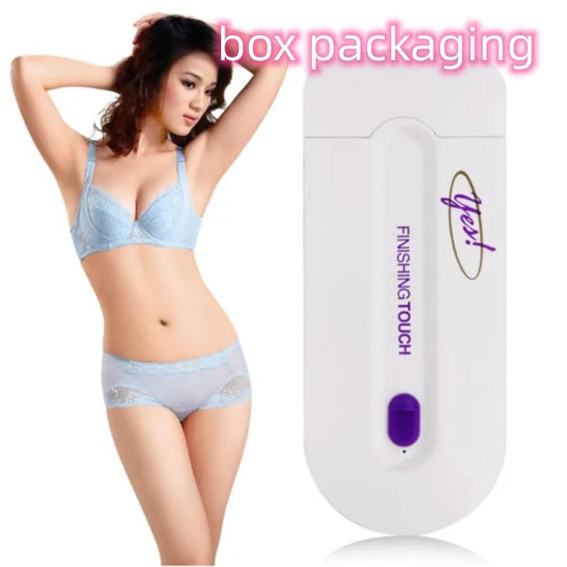 Black rechargeable electric hair remover with Sensa-Light head, trimmer head, foil head, USB cable and cleaning brush.