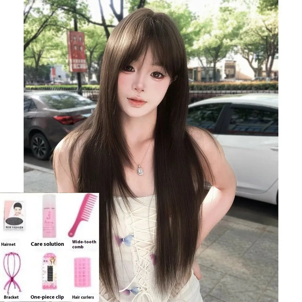 Brown-black high-temperature fibre ladies wig with wear-free hair net on a head cover