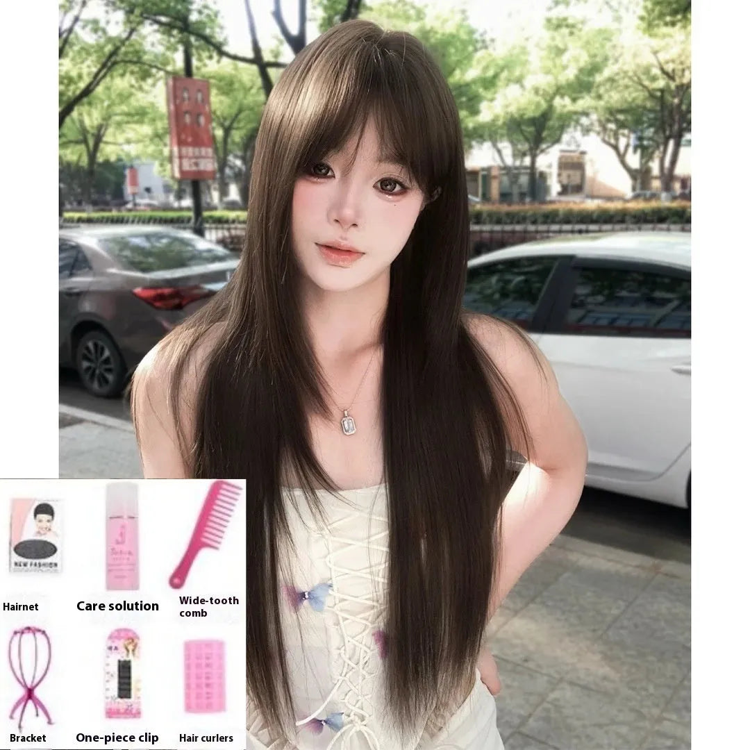 Brown-black high-temperature fibre ladies wig with wear-free hair net on a head cover