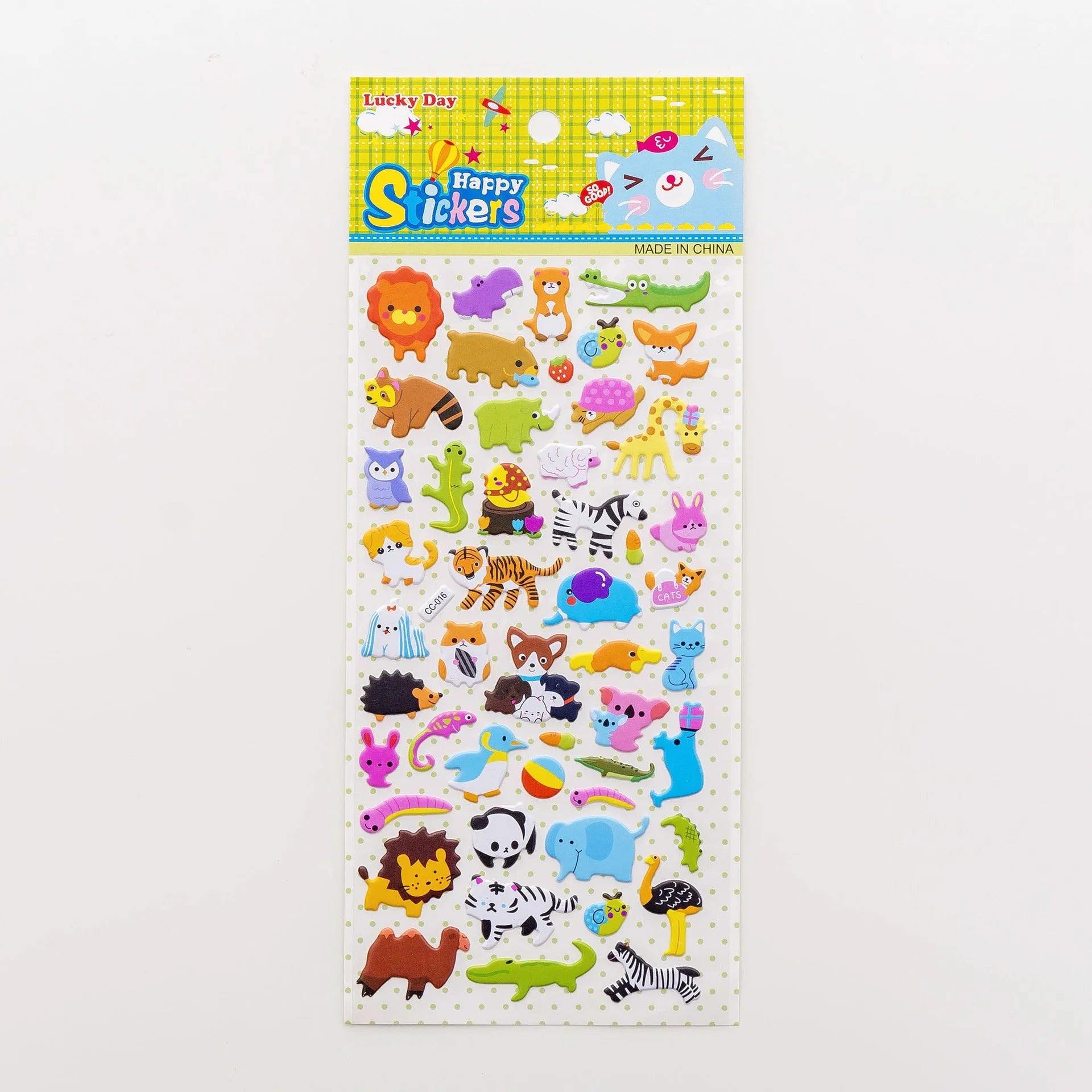 Cartoon three-dimensional bubble stickers sheet showing alpaca, forest animals, and dinosaur designs for hand account decoration