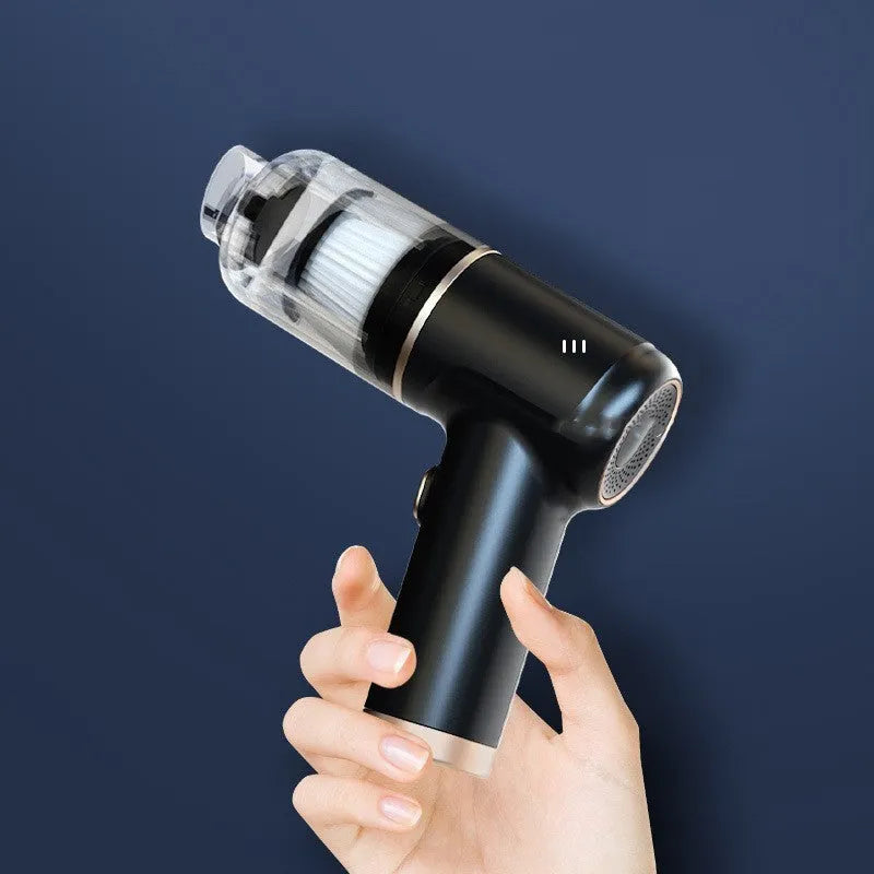 Black wireless handheld vacuum cleaner with multiple nozzles for car and home cleaning.