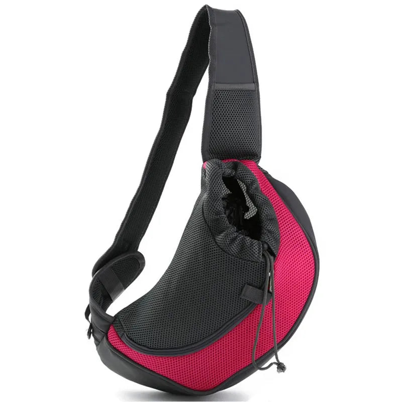 Mesh fabric pet carrier sling with PVC base in seven colours, showing S and L size options