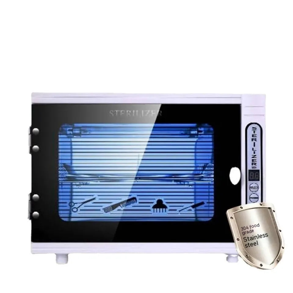 Small silver ultraviolet steriliser unit with stainless steel chamber for salon tool hygiene