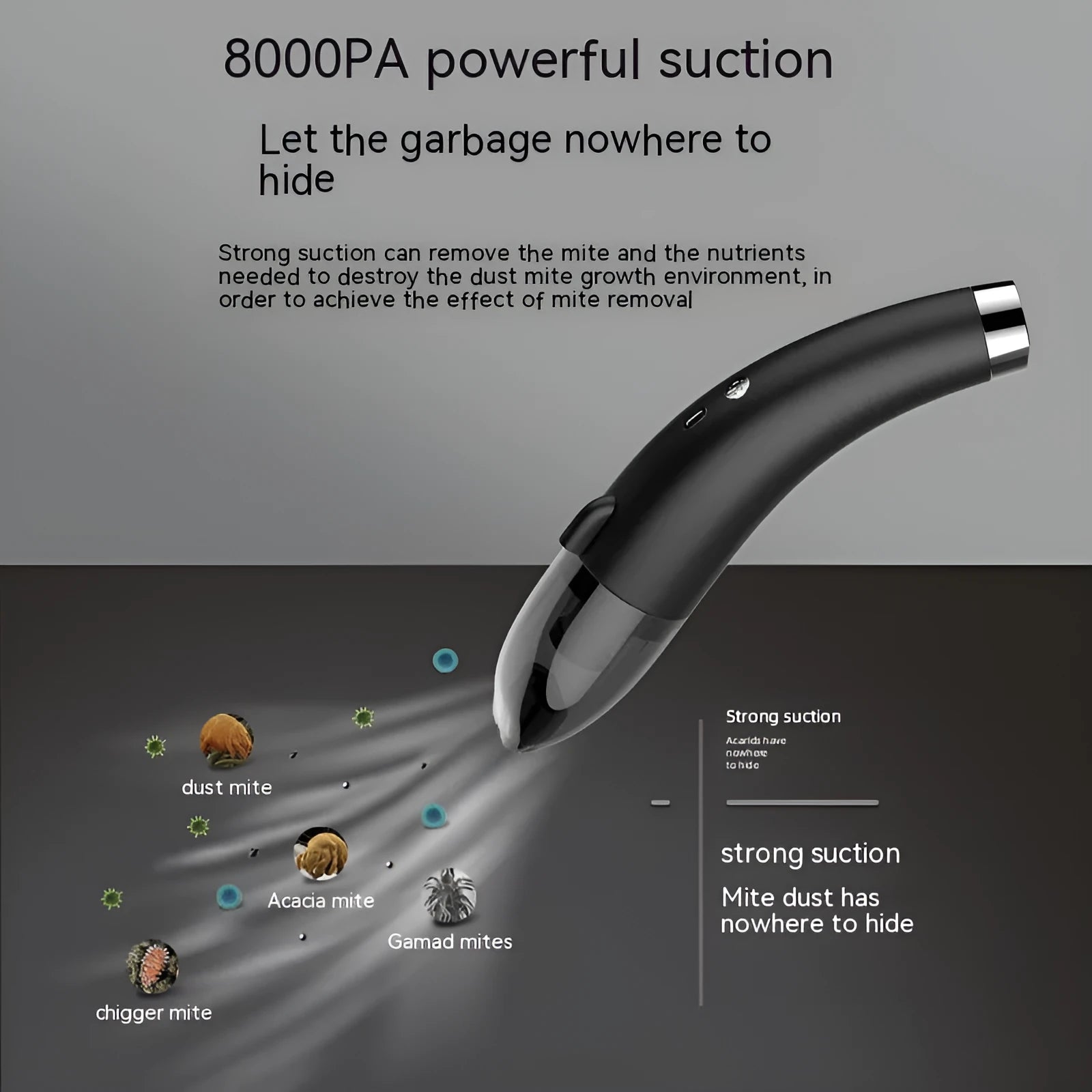 Handheld wireless car vacuum cleaner with USB charging cable showing black and white colour options