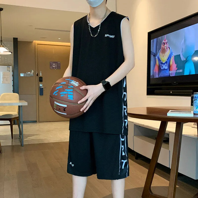 Men's black polyester basketball sports suit consisting of a sleeveless vest top and matching shorts.