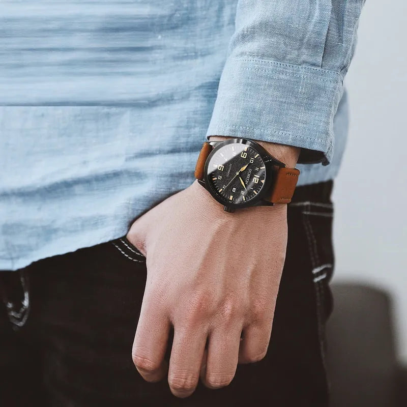 Retro leather automatic mechanical watch for men with exhibition back, 12mm slim, black shell beige dial