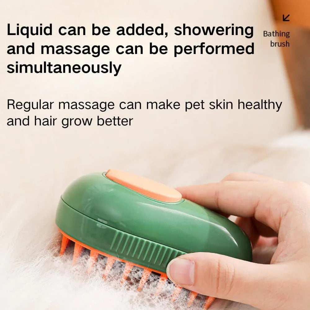 Green and white 3 in 1 cat steam brush with silicone bristles and water spray function for grooming pets.