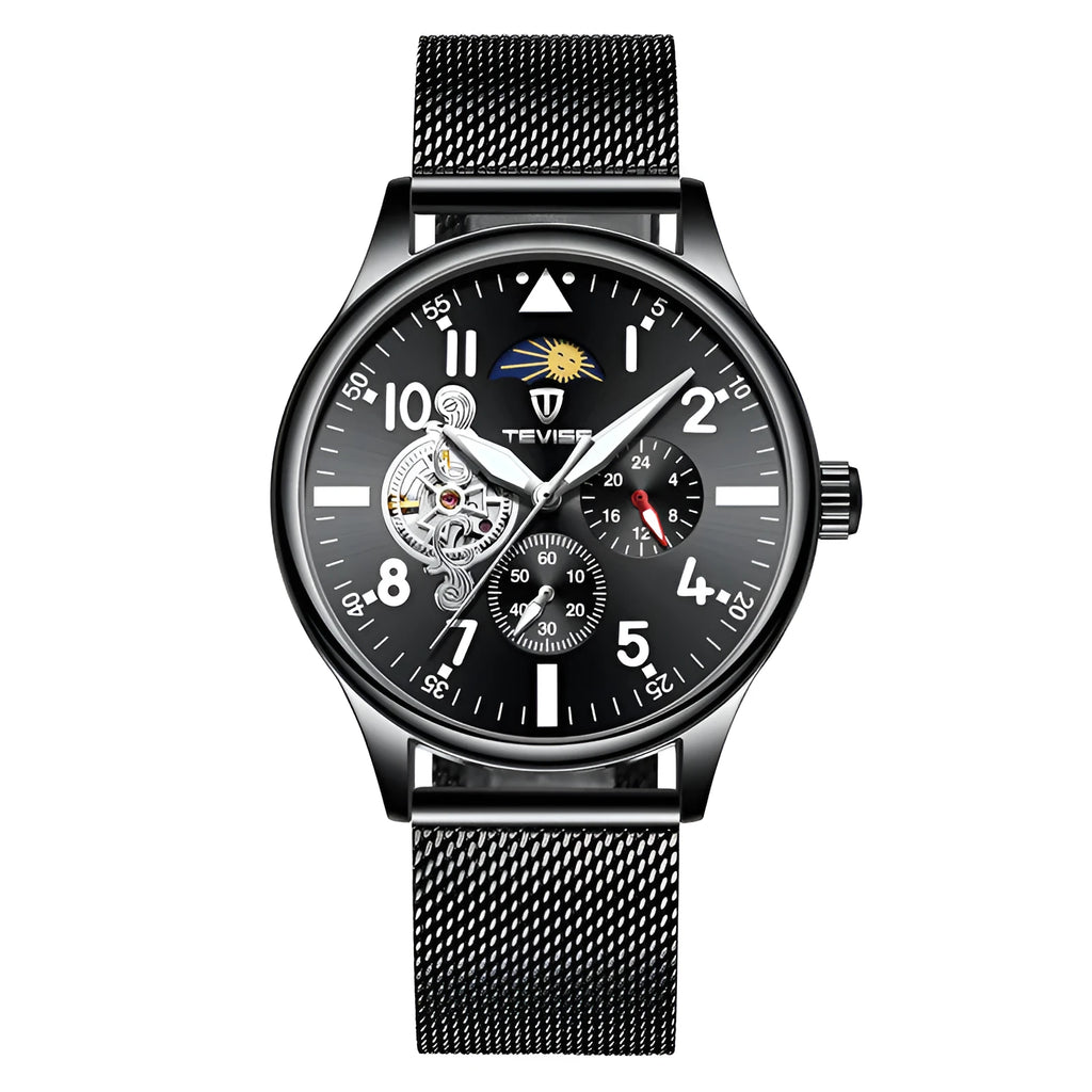 Black men's mechanical watch with 41mm diameter, luminous hands and moon phase display