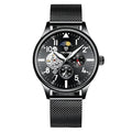 Black men's mechanical watch with 41mm diameter, luminous hands and moon phase display