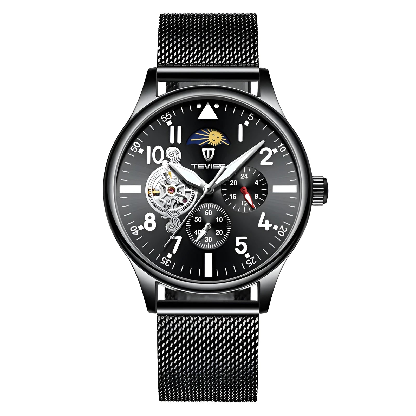 Black men's mechanical watch with 41mm diameter, luminous hands and moon phase display