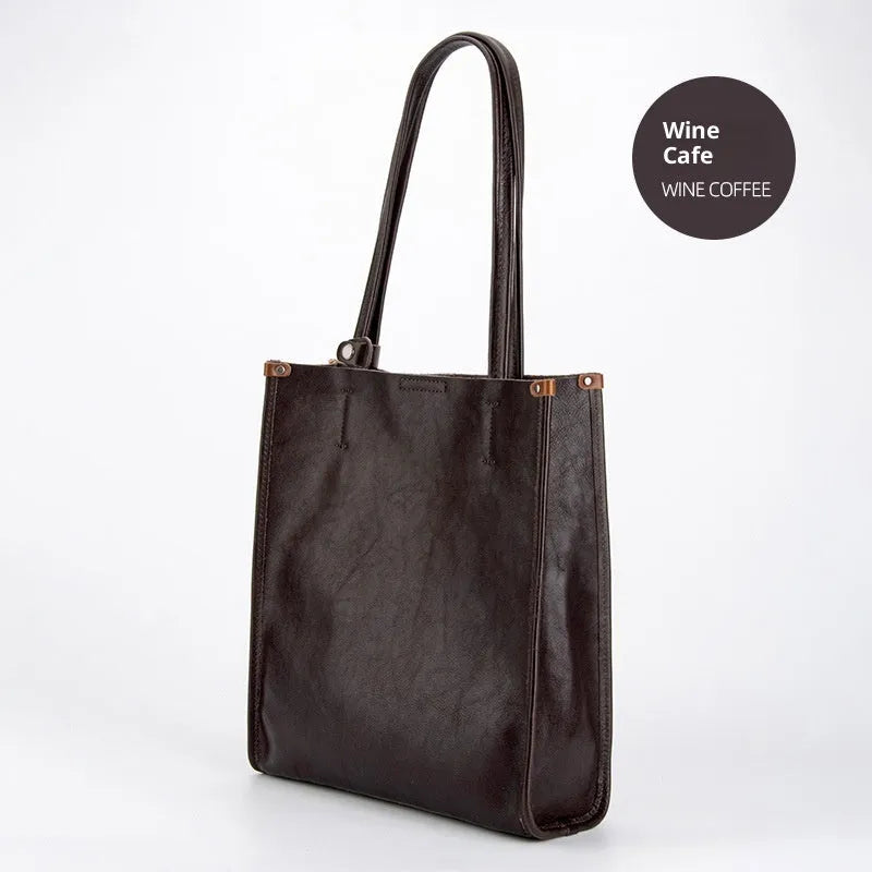 Large capacity genuine leather city commuter shoulder tote bag in black, soft square vertical shape with slit pocket