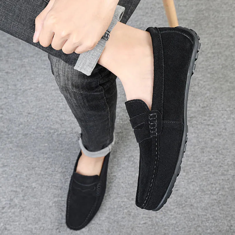 Men's suede slip-on loafers in multiple colours with round toe and rubber sole