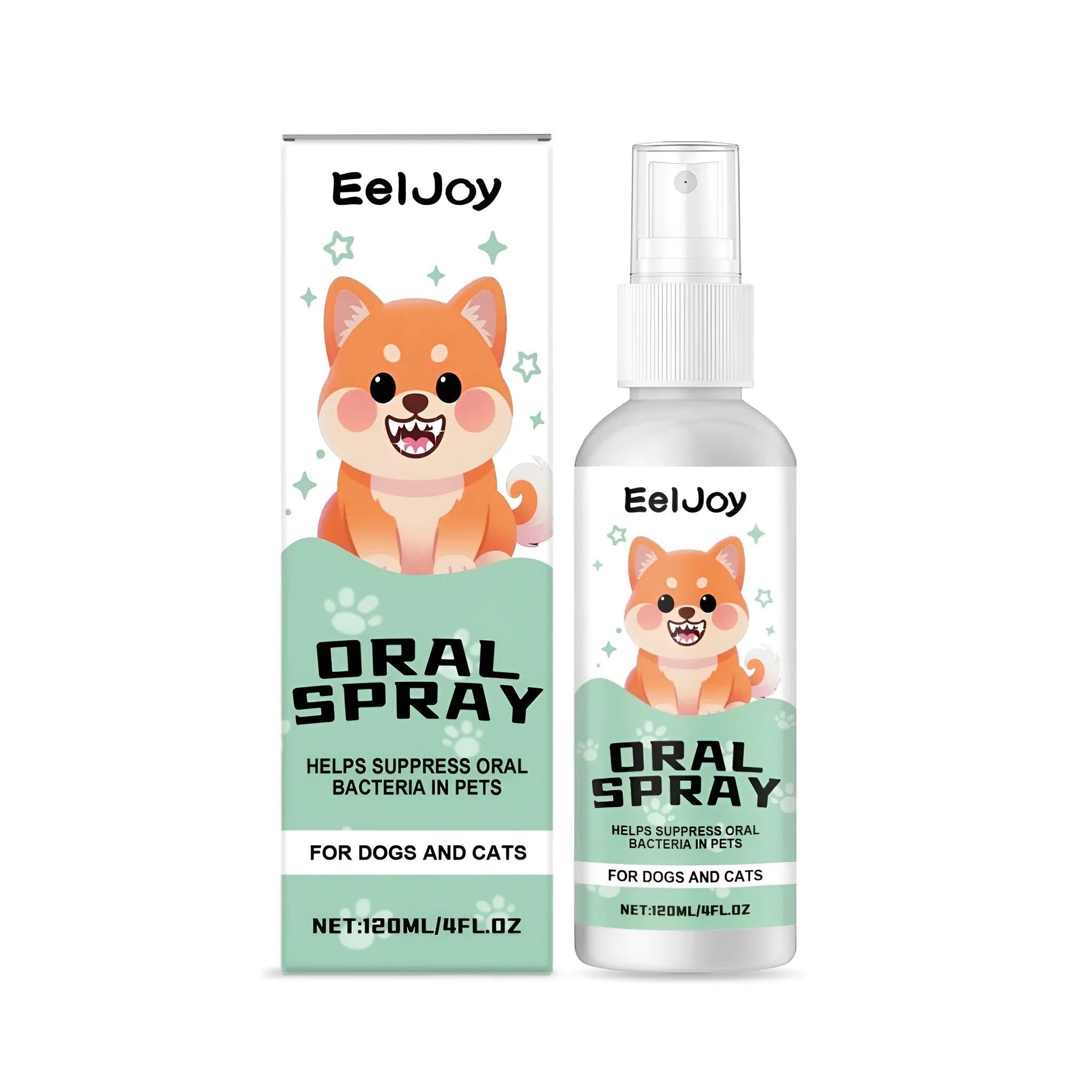 120ml white plastic bottle of pet oral spray for dogs and cats with a blue spray pump.