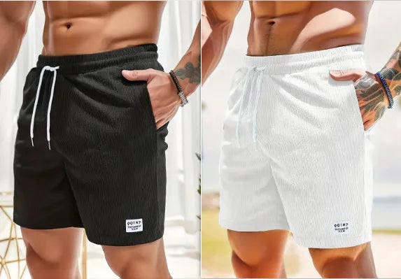 Mens lace-up drawstring corduroy sports shorts in army green and black, front view, straight-leg fit