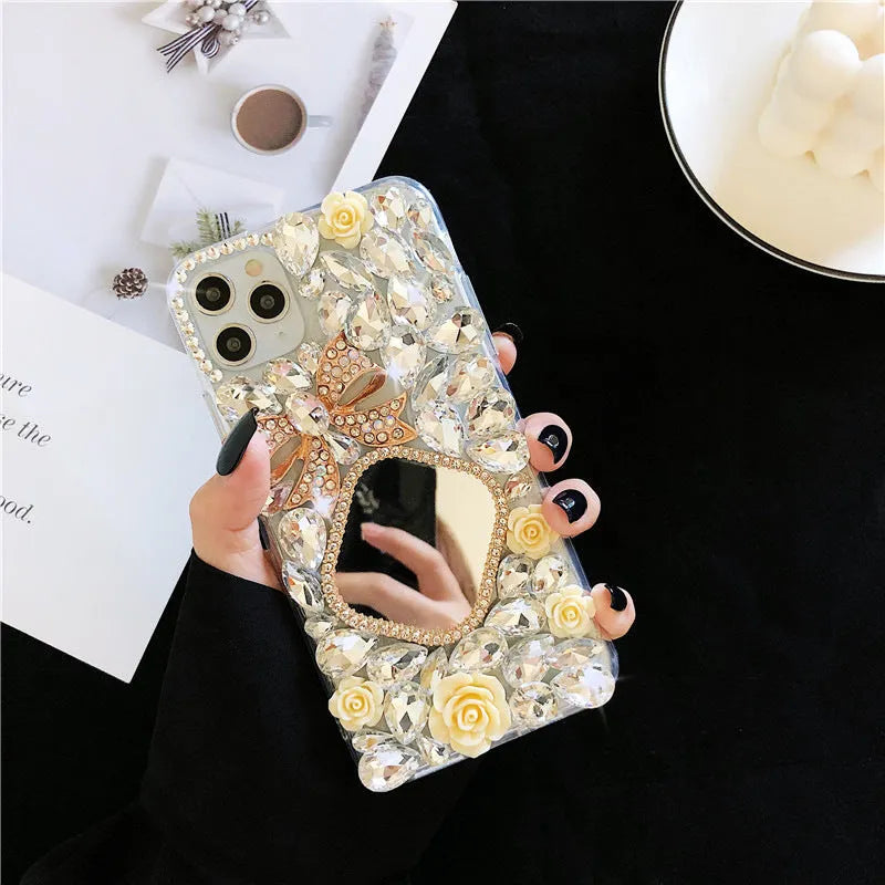 Rhinestone mirror bow silicone phone case for iPhone, aura bright white flower colour, all-inclusive design
