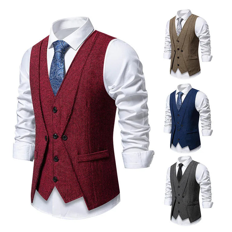 Retro fake two-piece formal vest for men, slim fit polyester, dark gray colour, front view