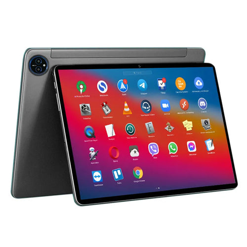 10-inch bare metal blue tablet PC on a desk with charger, USB cable, and screen protector.
