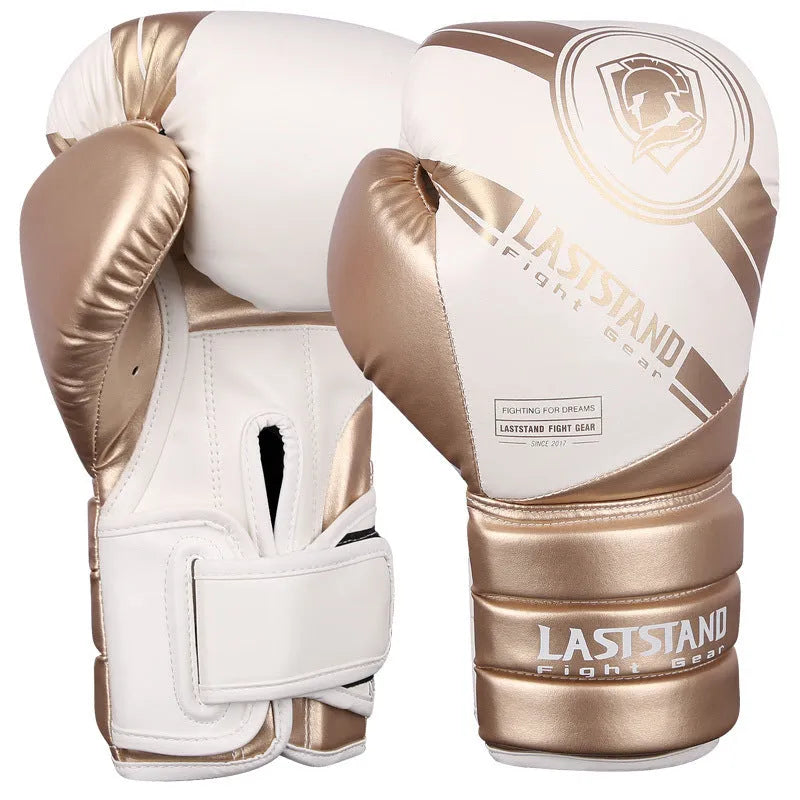 Professional vertical style PU boxing gloves for Sanda training, shown in multiple colour and weight options.