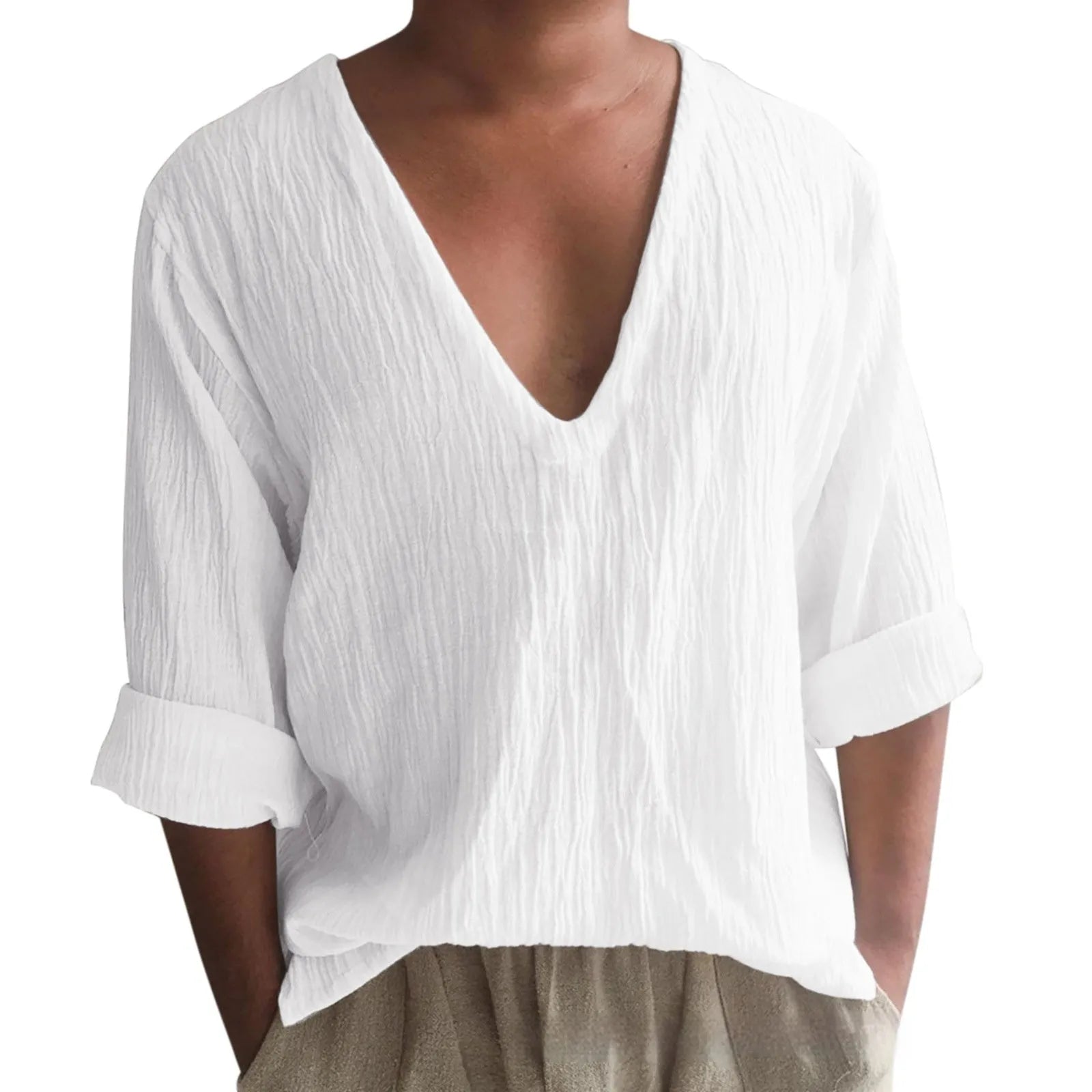 Men's long sleeve V-neck T-shirt in washed cotton and linen blend, shown in a solid colour.