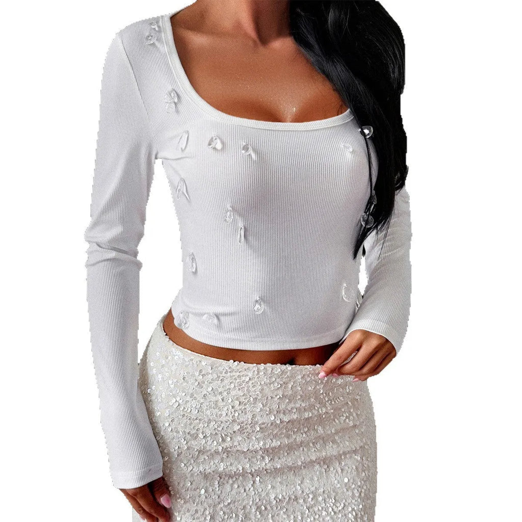 Women's long sleeve knitted polyester slim fit vest top in solid colour on model