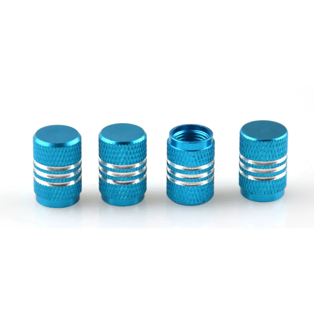 Set of stainless steel car tyre valve caps in assorted colours: black, red, blue, gold, silver, green, purple, sky blue, grey, orange.