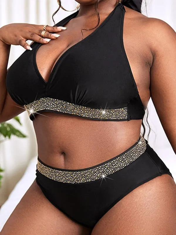 Plus size black women's two-piece bikini swimsuit on a hanger