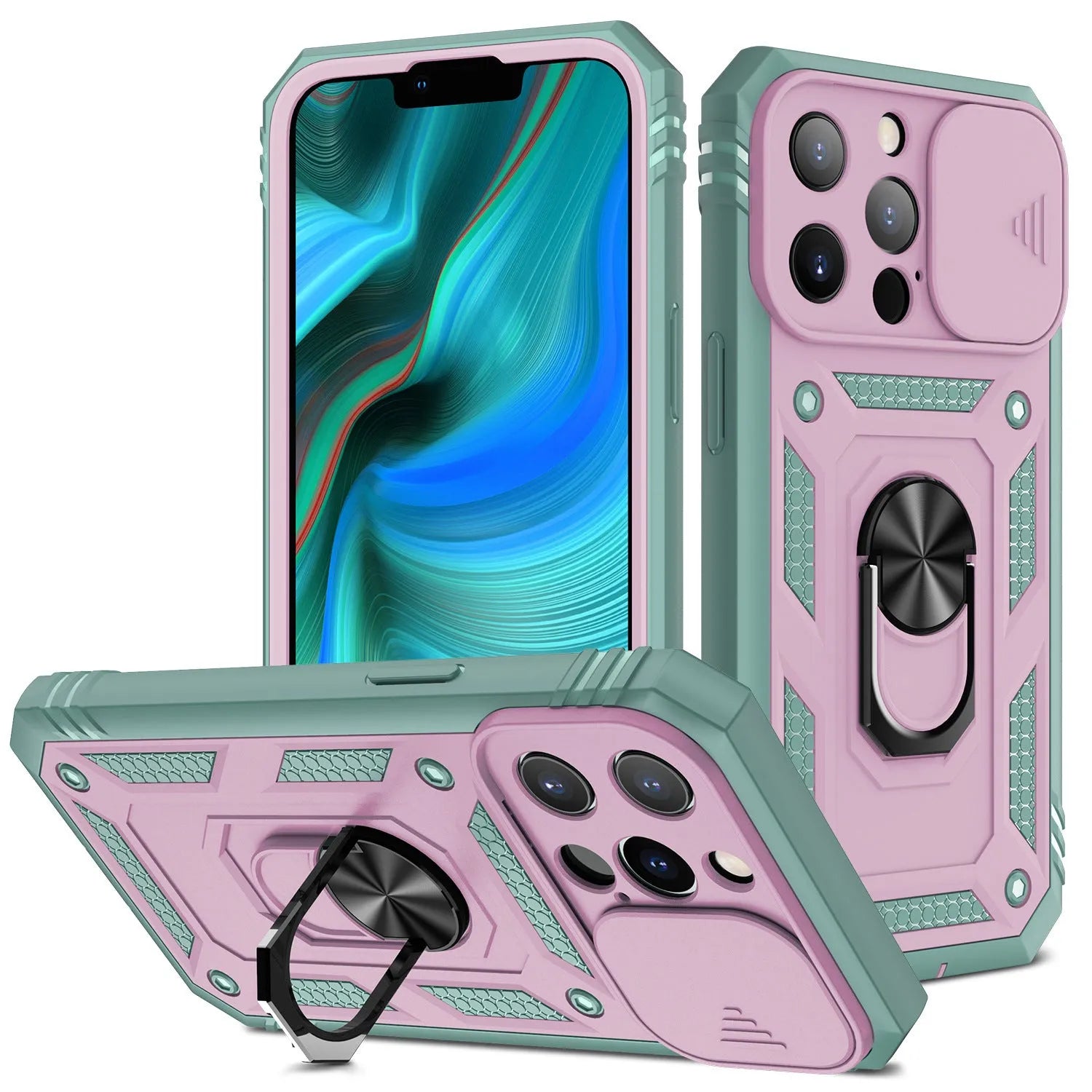 Magnetic sliding window back cover case for Apple iPhone on a grey green and pink background